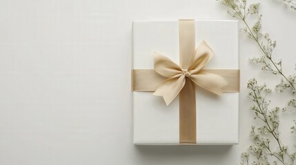 Gift box featuring a luxurious gold ribbon on a clean white canvas