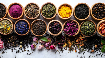 Vibrant Collection of Dried Herbal Teas and Spices in Wooden Bowls - A Colorful Flat Lay Photo