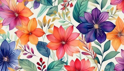 seamless floral pattern of watercolor art with colorful flowers and leaves color schemes of vibrant hues spring background