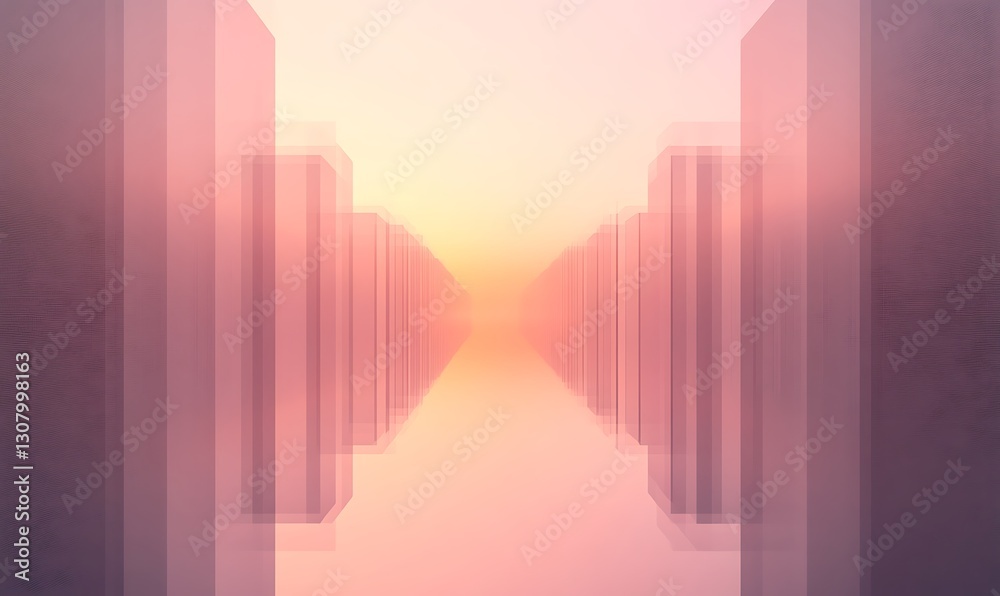 Aufkleber futuristic landscape with translucent structures and a soft pink sunset reflection.