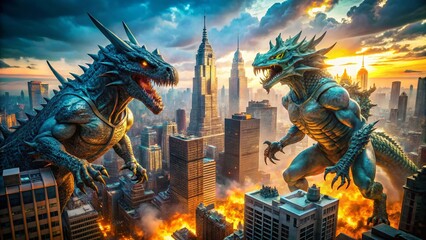 Fototapeta premium Aerial View of Giant Monsters Battling in Downtown Manhattan, NYC