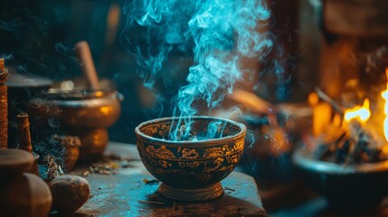 Mystical incense burning in an ornate bowl