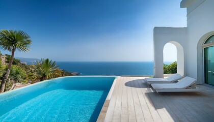 Fototapeta premium luxury minimalist white villa with a pool and a blue sea view the villa features a terrace a swimming area with sunbed on the edge arched doorways and the sea and palm trees in the background