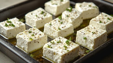 Cubed cheese drizzled with oil and herbs on tray, ready to bake. Closeup