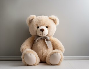 a soft teddy bear is comfortably seated against a light gray wall creating a warm and inviting atmosphere in this cozy space