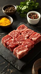 Cubed raw meat on a black cutting board. Spices in the background. Food use