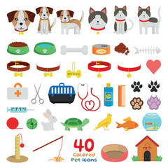 40 Colored Pet Icons - Dog, Cat, Food, Bones, Collars, Paws, Veterinary Items, Toys, Fish, Rabbit, Turtle and more.