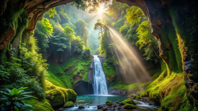Aerial View of Mayei Cave Waterfall Entrance, Ecuador Lush Rainforest