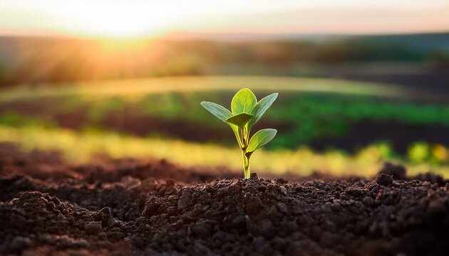 a small green plant sprouts from dark soil symbolizing growth and renewal against a blurred background of fields