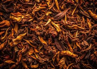 Obraz premium Aerial View of Organic Shredded Tobacco Leaves, Native American Medicine, Smoking Pipes & Cigarettes