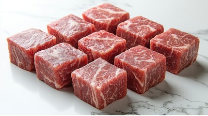 Fototapeta premium Cubes of raw beef on marble surface