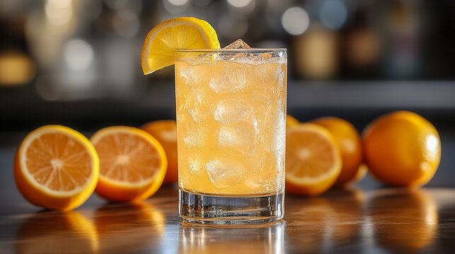 Refreshing John Collins cocktail served with ice and garnished with a lemon slice surrounded by fresh oranges