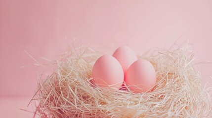 Pink eggs in a straw nest on pastel background