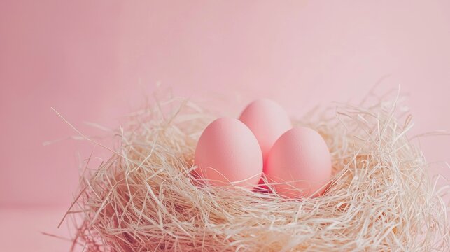 Pink eggs in a straw nest on pastel background - Powered by Adobe