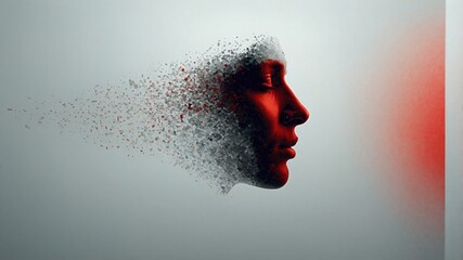 Human face, predominantly in shades of red and gray.