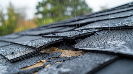 Damaged roof with missing shingles under rainy sky and blurred trees backdrop