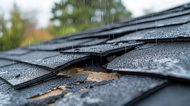 Damaged roof with missing shingles under rainy sky and blurred trees backdrop