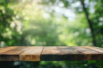 Naklejka premium Rustic Wooden Tabletop Against Blurred Green Natural Background