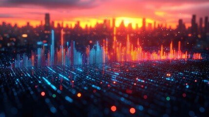 Data visualization overlay on cityscape during sunset with bokeh effects