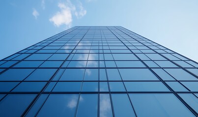 Tall glass building reaching toward a blue sky, showcasing modern architecture and urban design.