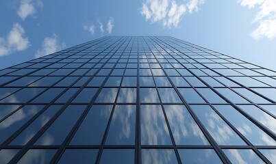 Fototapeta premium Modern skyscraper reflecting the sky under a clear blue atmosphere.