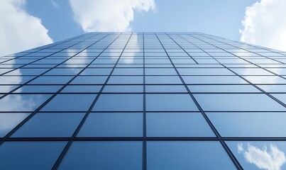 Modern skyscraper reflecting clouds and blue sky, showcasing glass architecture.