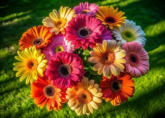 Aerial View of Vibrant Gerbera Daisy Bouquet in a Lush Garden