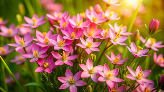 Aerial View of Vibrant Pink Common Centaury Flowers Blooming in Meadow