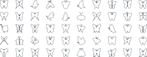 Butterfly vector illustration set, line art style, Butterflies in various poses. Perfect for spring, summer designs, invitations.
