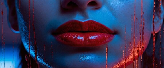 Lips highlighted with red lipstick