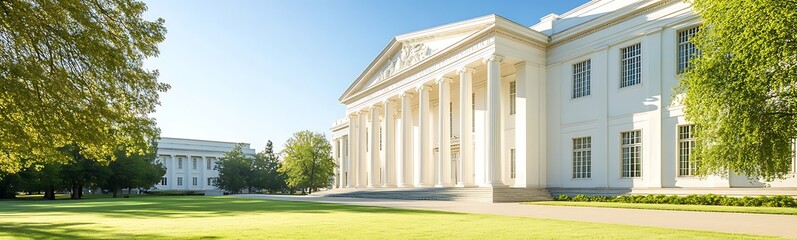 Obraz premium Elegant university building with classical architecture surrounded by green lawns and trees under a clear blue sky.