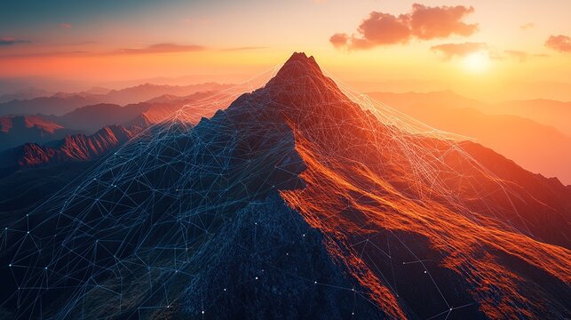 Majestic mountain peak at sunset, digital network overlay - Powered by Adobe