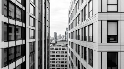 Obraz premium Black and white photo of two modern buildings, showcasing architectural details and city views from an elevated perspective.