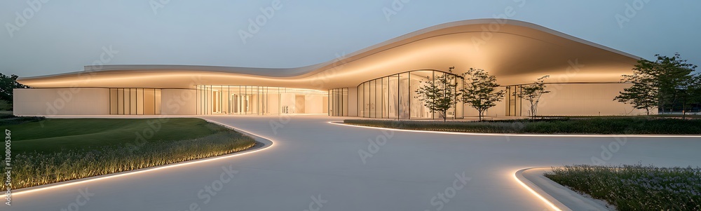 Aufkleber Modern architectural building with soft curves and ambient lighting set in a landscaped environment.