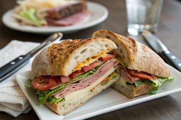 A sandwich with ham and vegetables