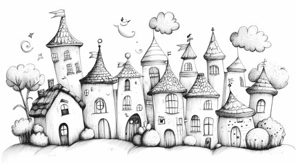 Fototapeta premium Scroll cartoon line drawing in black and white. Whimsical - Village. Illustration