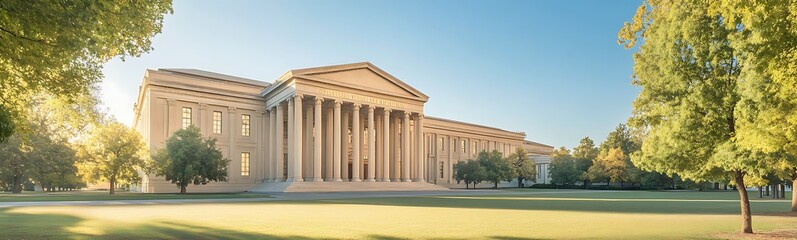 Historic building with grand columns surrounded by lush greenery under a clear sky.