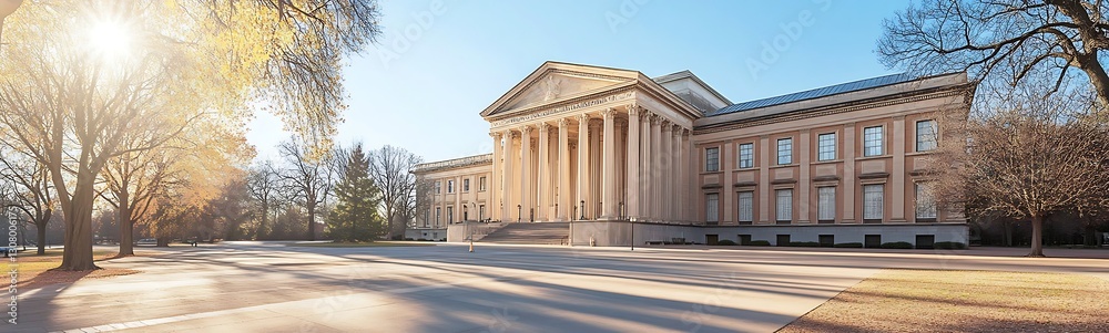 Aufkleber beautiful historic building illuminated by sunlight, surrounded by trees in a tranquil setting.
