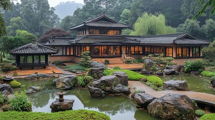 Obraz premium Tranquil Asian-style house in a lush garden, serene morning