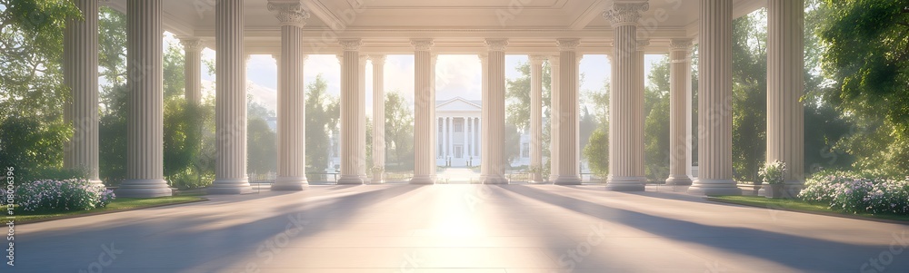 Poster a sunlit corridor with elegant columns leads to a grand building amidst lush greenery.