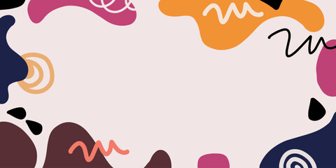 Abstract colorful background of doodle shapes, lines on pink background with blank space in center for text. Minimalist wavy background.