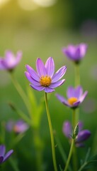 Fototapeta premium Close-up of delicate purple and yellow wildflowers in a meadow, spring, flora, yellow