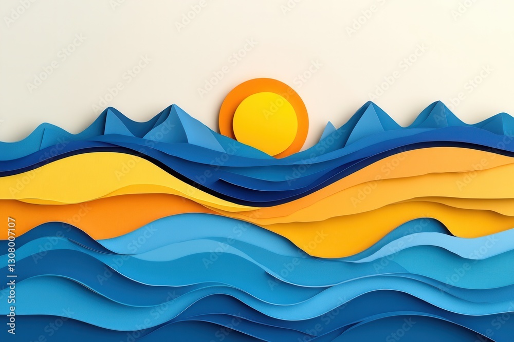 Poster vibrant layered paper art featuring rolling waves, mountains, and a glowing sun in dynamic sunset co
