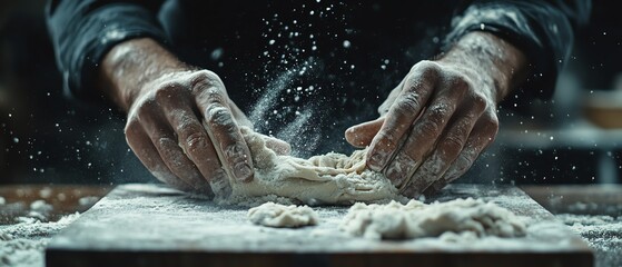 Closeup of male hands kneading dough on a wooden countertop with flour scattering around