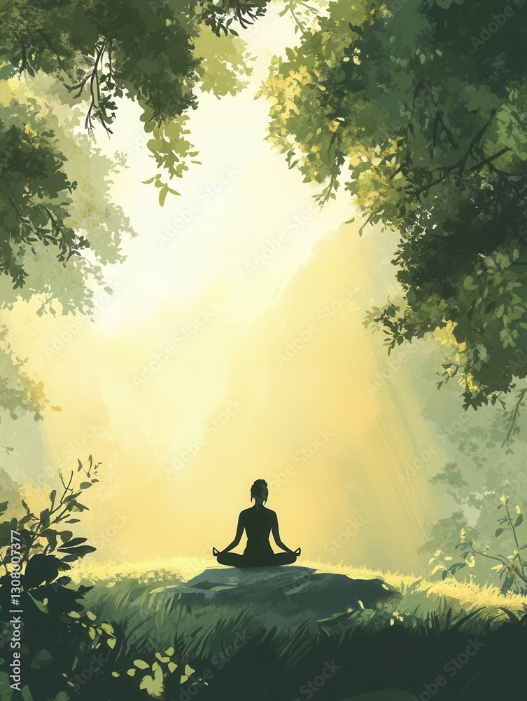 Poster meditating person in tranquil nature setting with soft light and a peaceful atmosphere