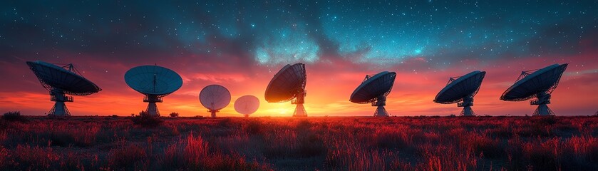 Hightech satellite dishes lined up in a vast open field