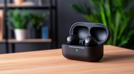 Black wireless earbuds in charging case on wooden table.
