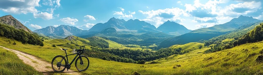 Obraz premium Scenic view from a black bicycle traveling through a green valley