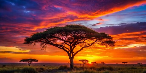 Obraz premium African Sunset Silhouette Acacia Tree Night Photography Stock Photo
