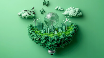 The Future of Energy: Conceptual Light Bulb with City and Wind Power